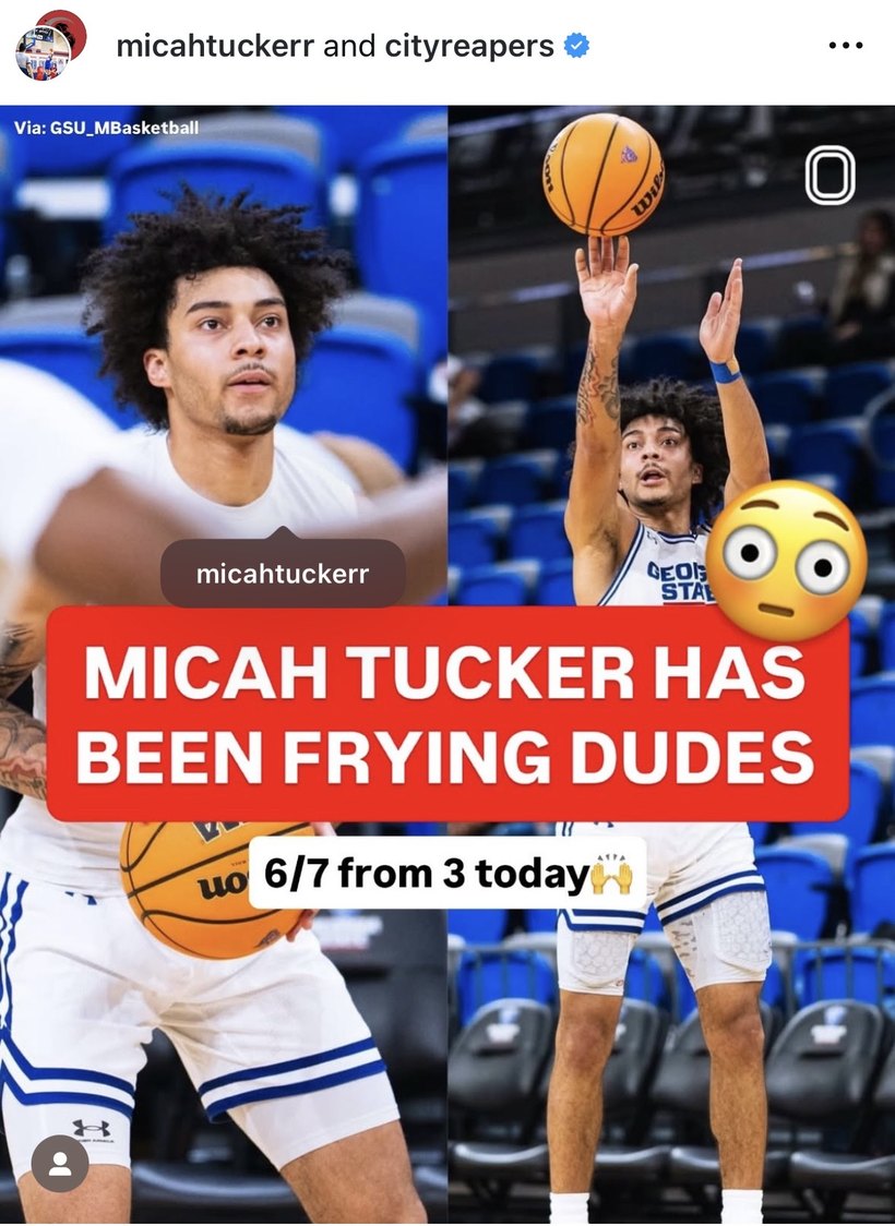 Instagram post from a basketball account: Micah Tucker has been frying dudes, 6 for 7 from three today