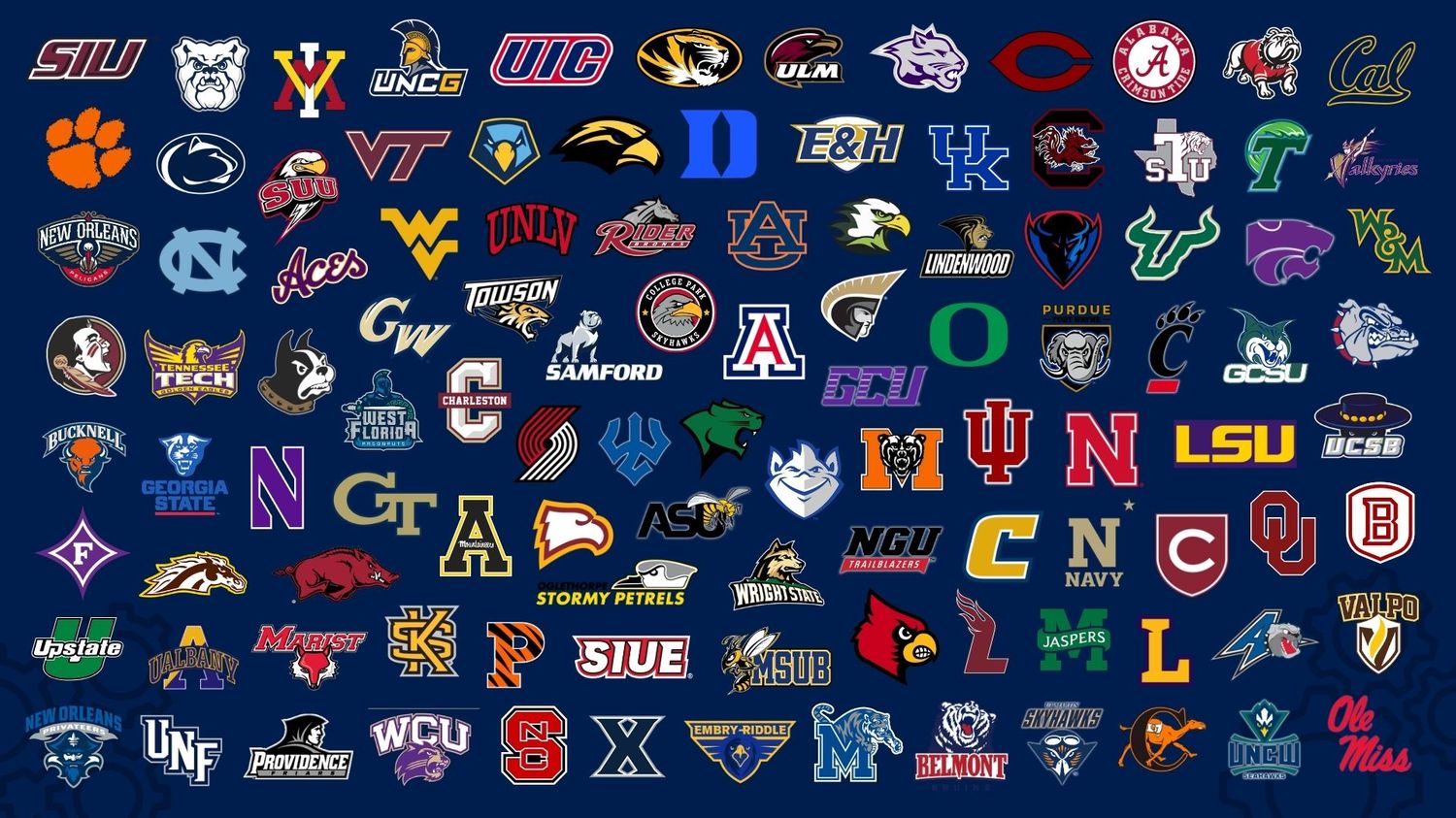 Program logos including Duke, Kentucky, North Carolina, Alabama, Auburn, LSU, Oklahoma, Purdue, Oregon, Arizona, Clemson, Louisville, Ole Miss, Providence, Xavier, NC State, Memphis, Navy, UNLV, the New Orleans Pelicans, the Portland Trail Blazers and many more