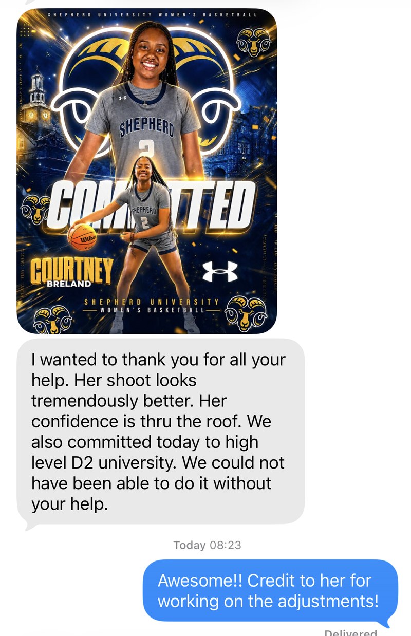 Text from a parent with a Shepherd University commitment graphic: her shot looks tremendously better, her confidence is through the roof, and she committed today to a high level Division II university