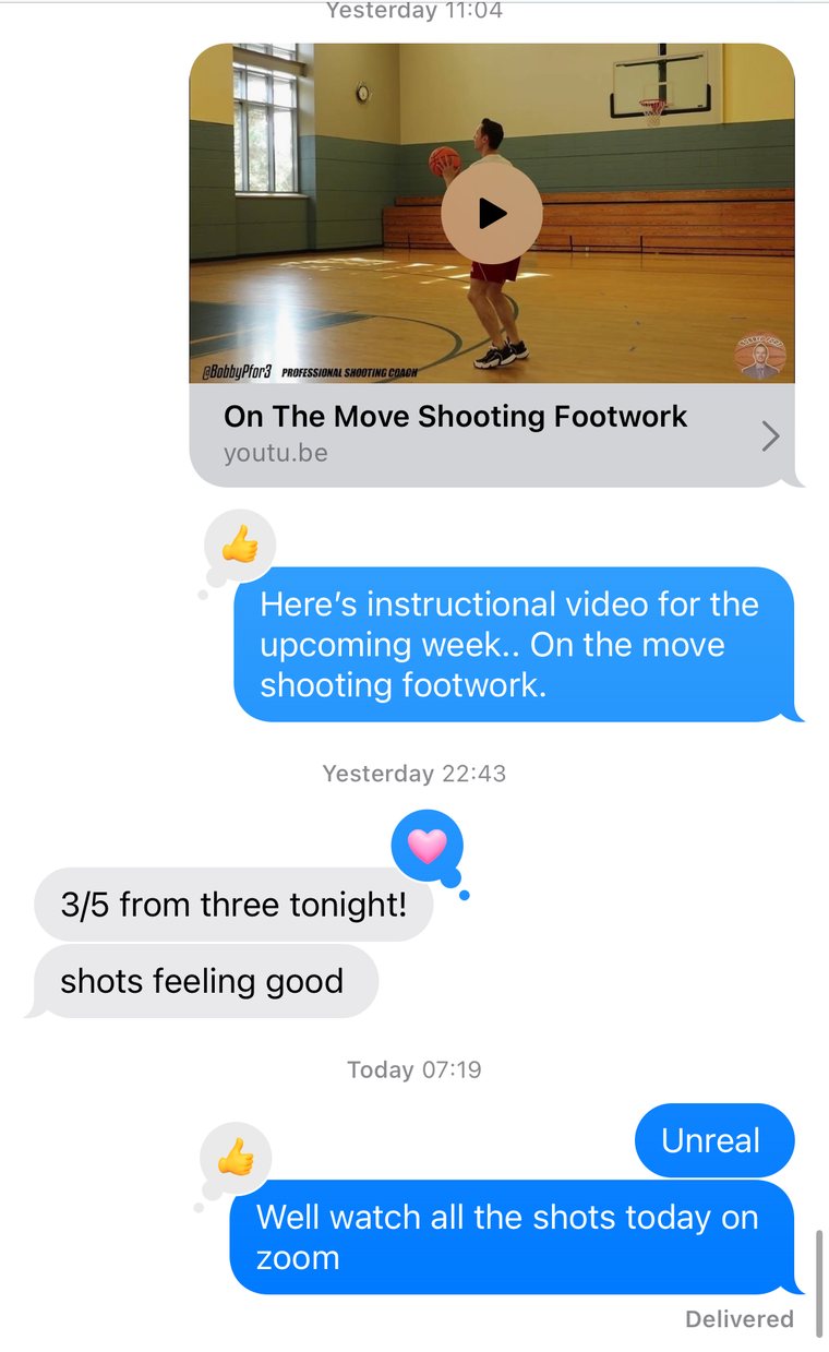 Text thread with a remote client: coach sends an instructional video for the week, player reports 3 for 5 from three that night, coach replies they will review all the shots on Zoom