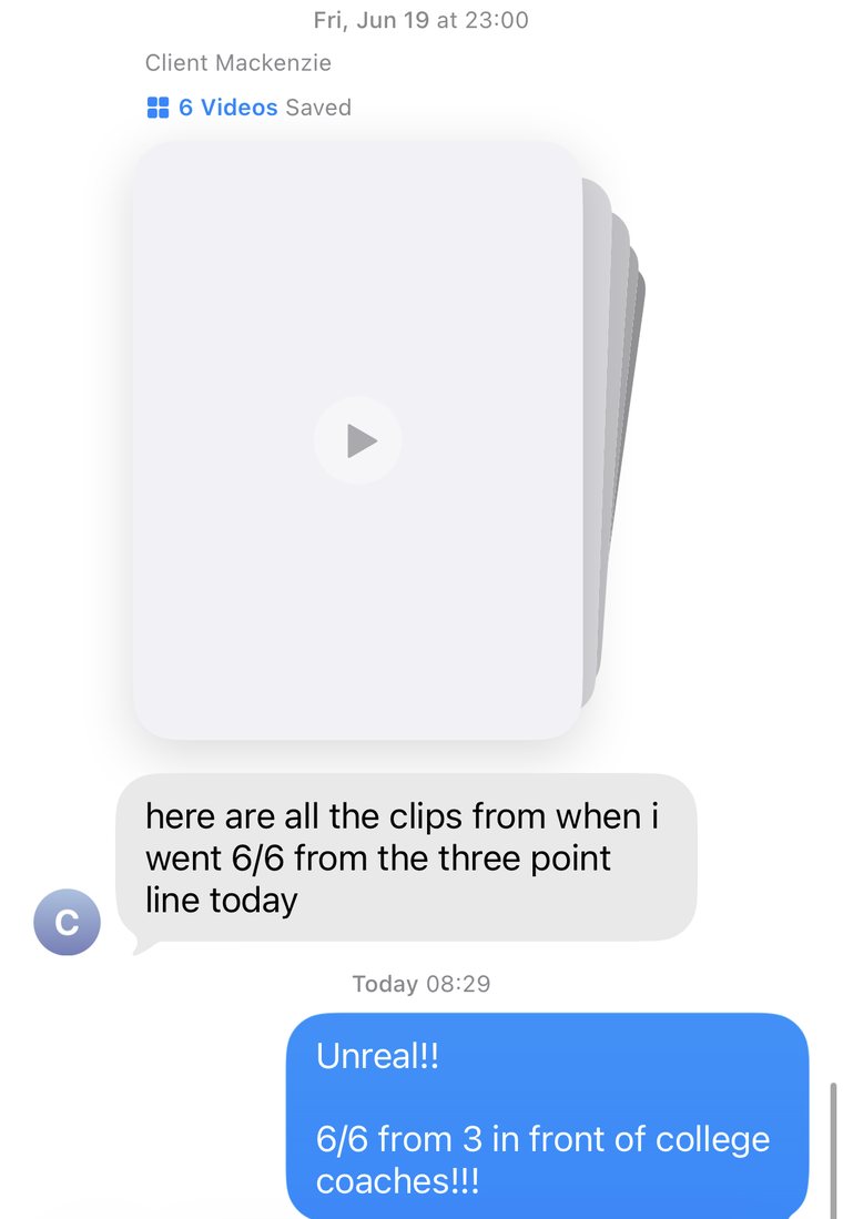 Text from a player sending clips: here are all the clips from when I went 6 for 6 from the three point line today