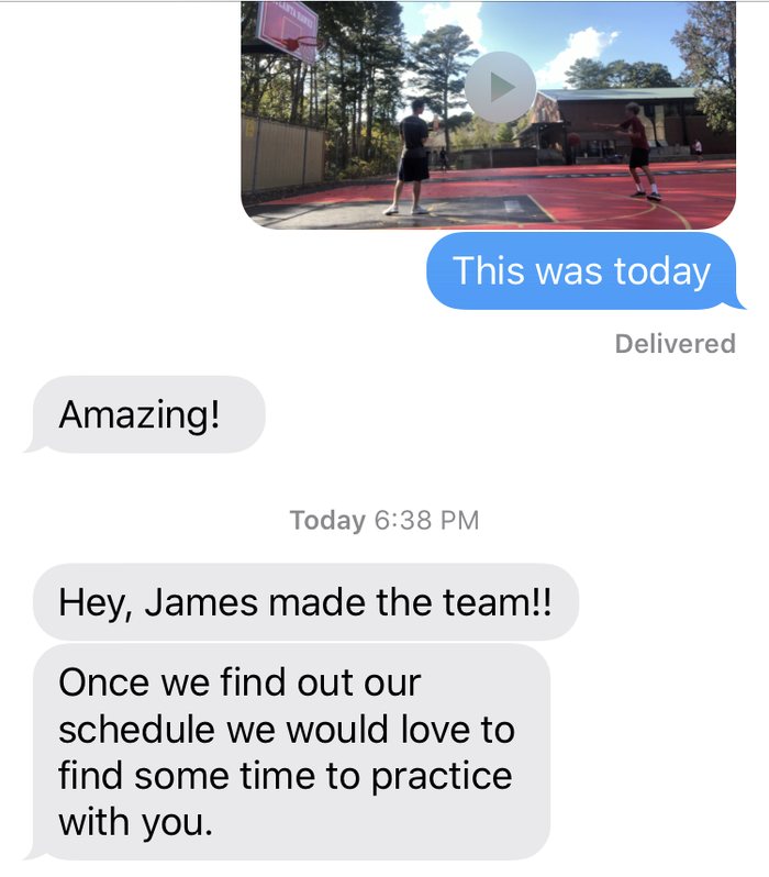 Text from a parent: he made the team, and they would love to find time to practice again