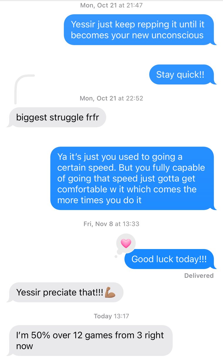 Text thread: player says the three point shot was his biggest struggle, then reports shooting 50 percent over 12 games from three