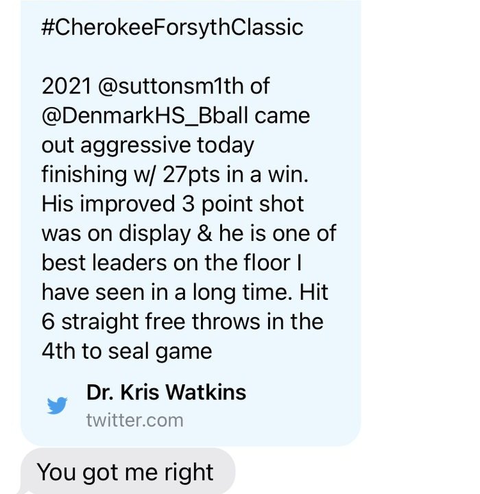 A recruiting reporter's public post about a player finishing with 27 points in a win, noting his improved three point shot was on display, followed by the player texting the coach you got me right