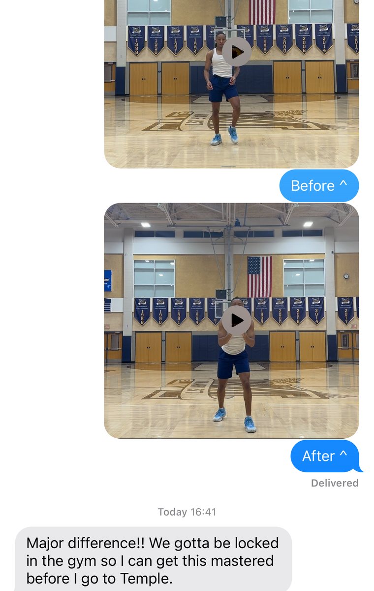 Text from a player comparing before and after video: major difference, we gotta be locked in the gym so I can get this mastered before I go to Temple