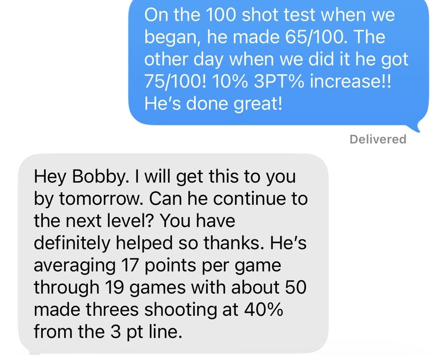 Text from a parent: after the 100 shot test went from 65 out of 100 to 75 out of 100, his son is averaging 17 points per game through 19 games with about 50 made threes at 40 percent from three