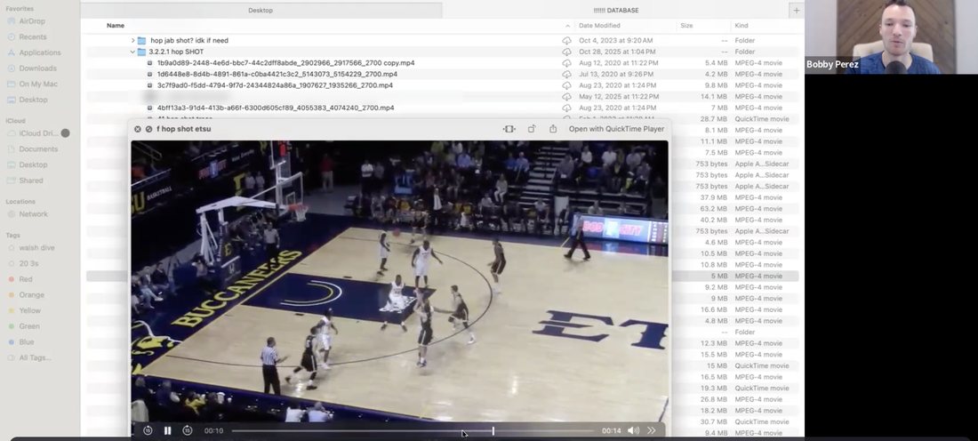 Live call screen share: game film of a college three-pointer being pulled up and reviewed from the coach's film database